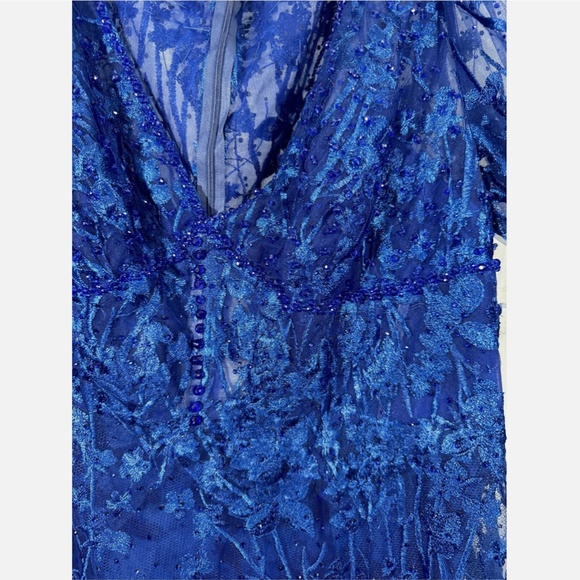 NWT $798 Mac Duggal [ 16 ] V Neck Mesh Puff Sleeve A Line Embellished Dress Blue - Picture 10 of 16